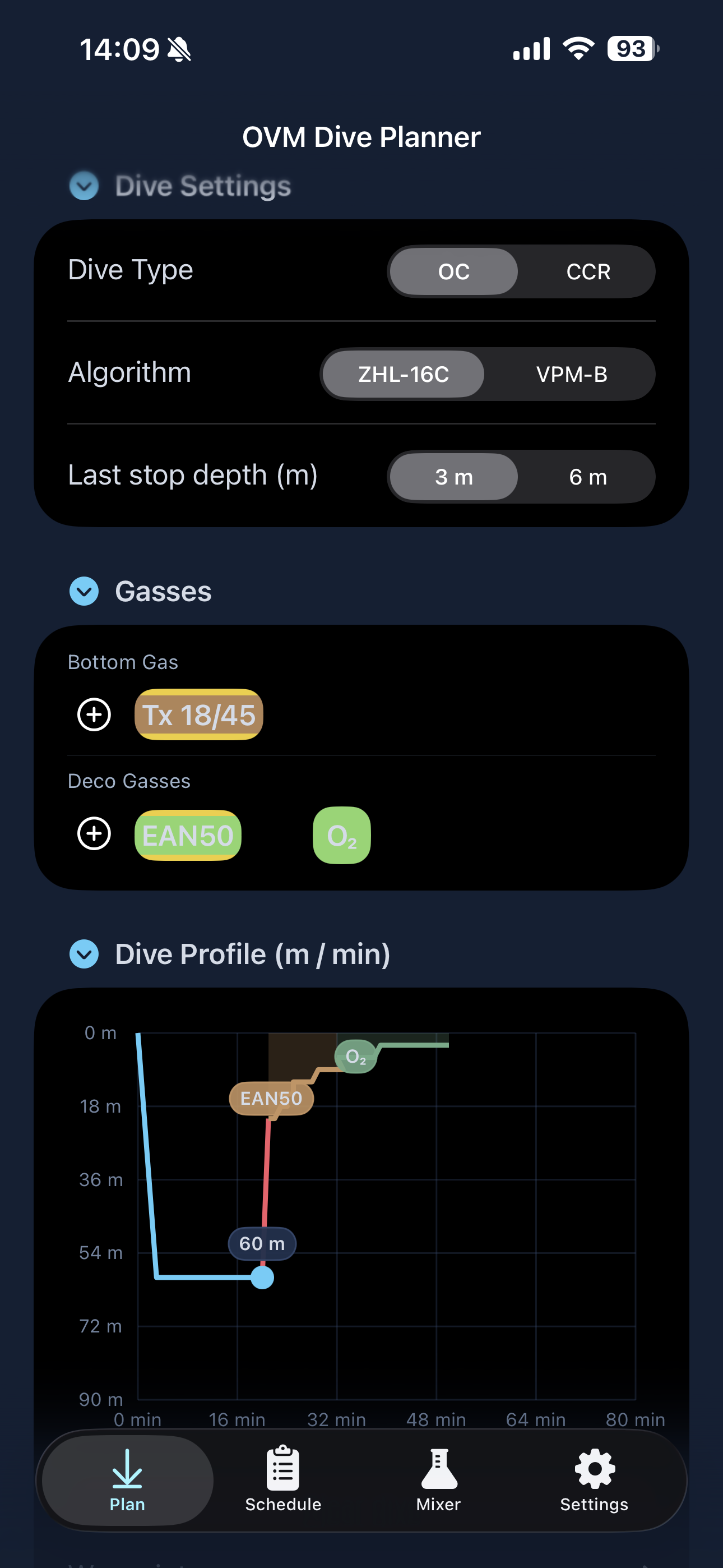 Screenshot of OVM Dive Software running on iPhone