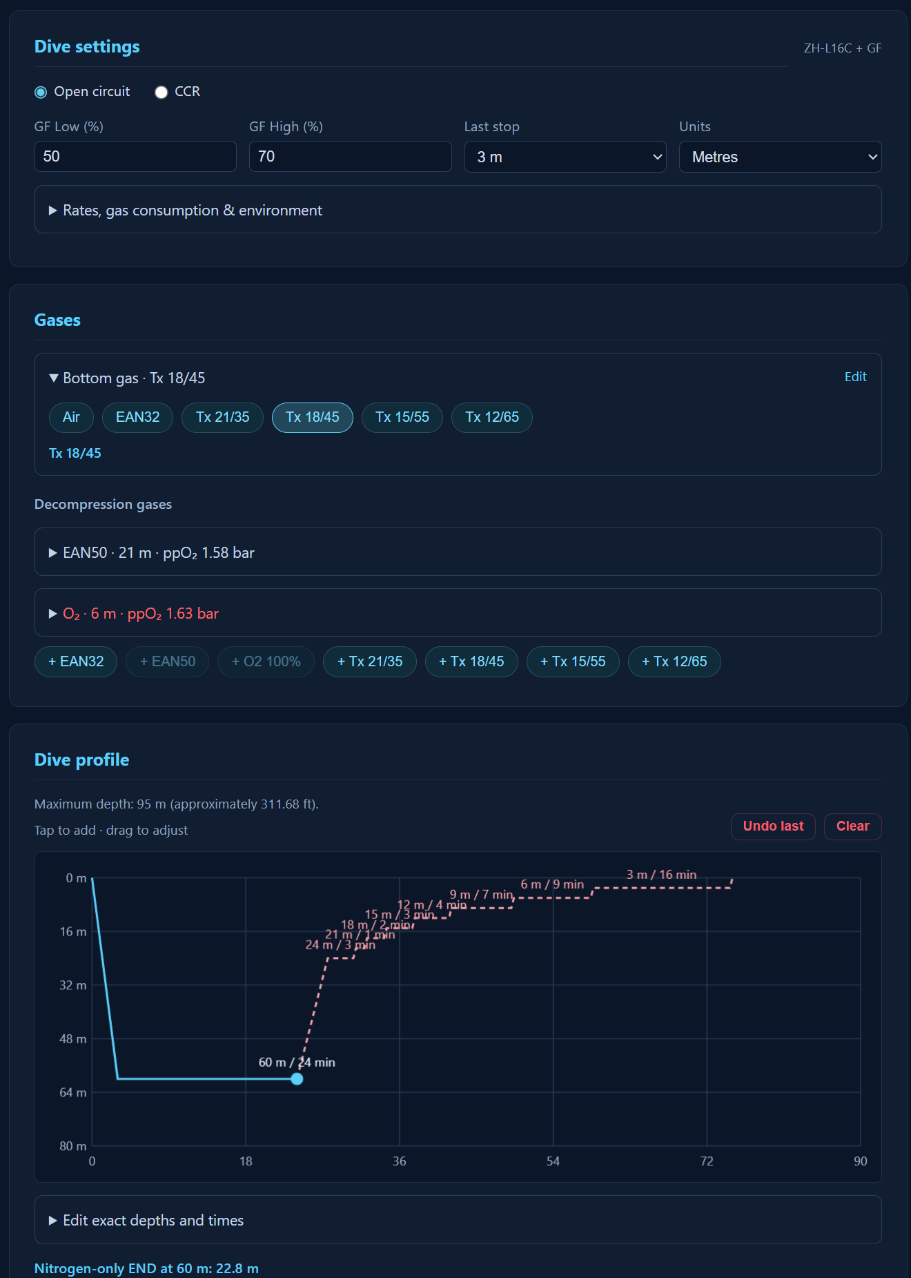 OVM Dive Planner interface showing a technical dive plan